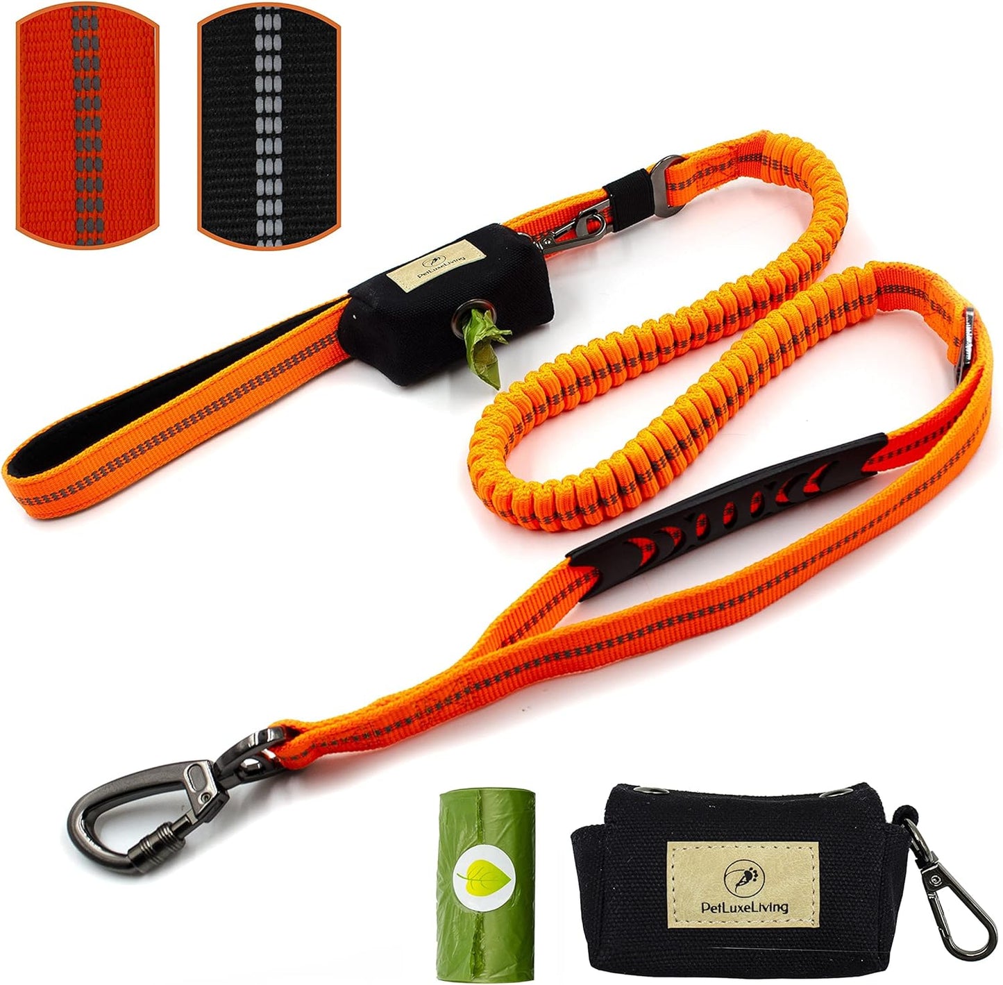 Zero Shock Bungee Training Heavy Duty Dog Leash for Large and Medium Dogs. Doubles as a Car Seat Belt with a Bonus of a Stylish Poop Waste Holder (Orange)