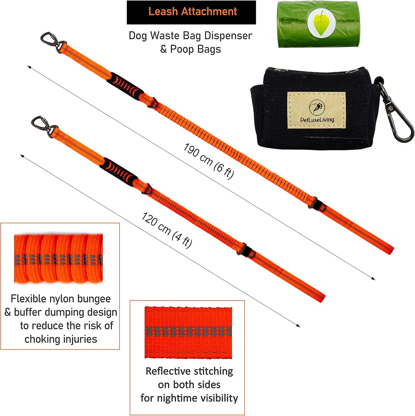 Zero Shock Bungee Training Heavy Duty Dog Leash for Large and Medium Dogs. Doubles as a Car Seat Belt with a Bonus of a Stylish Poop Waste Holder (Orange)