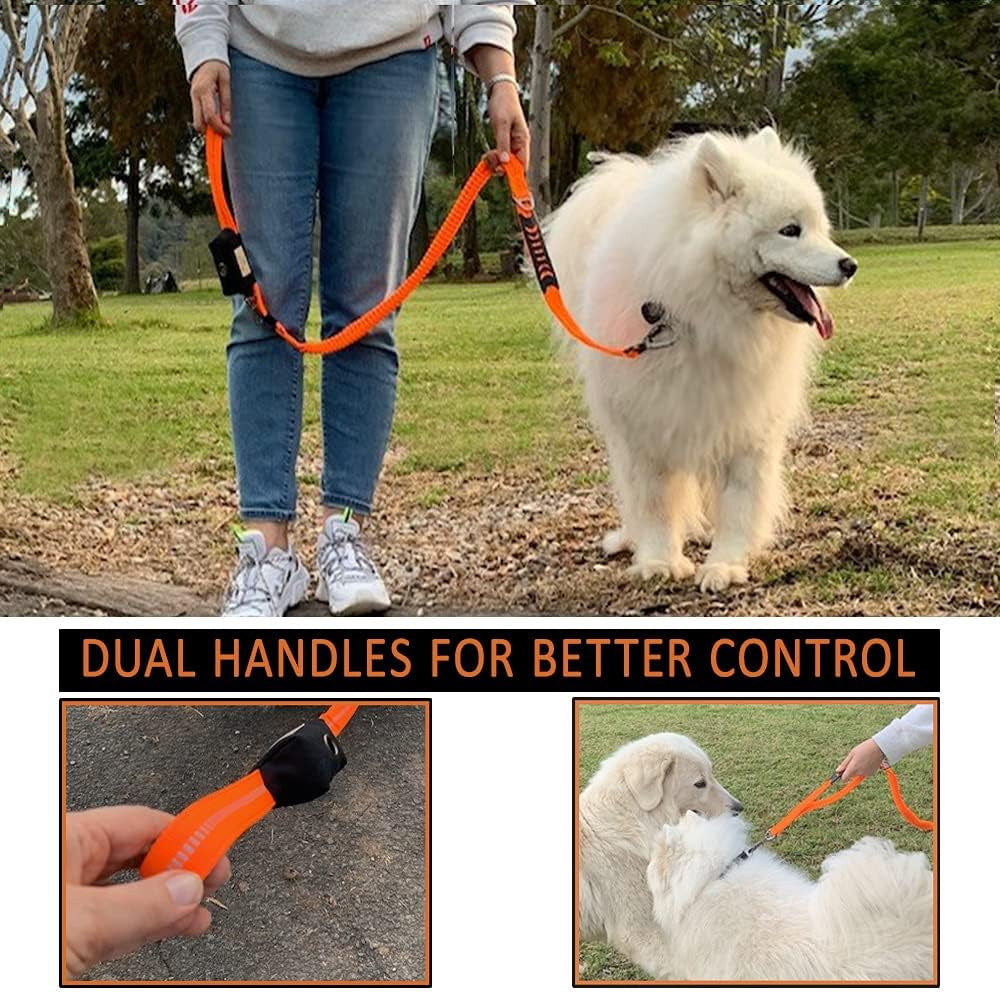 Zero Shock Bungee Training Heavy Duty Dog Leash for Large and Medium Dogs. Doubles as a Car Seat Belt with a Bonus of a Stylish Poop Waste Holder (Orange)