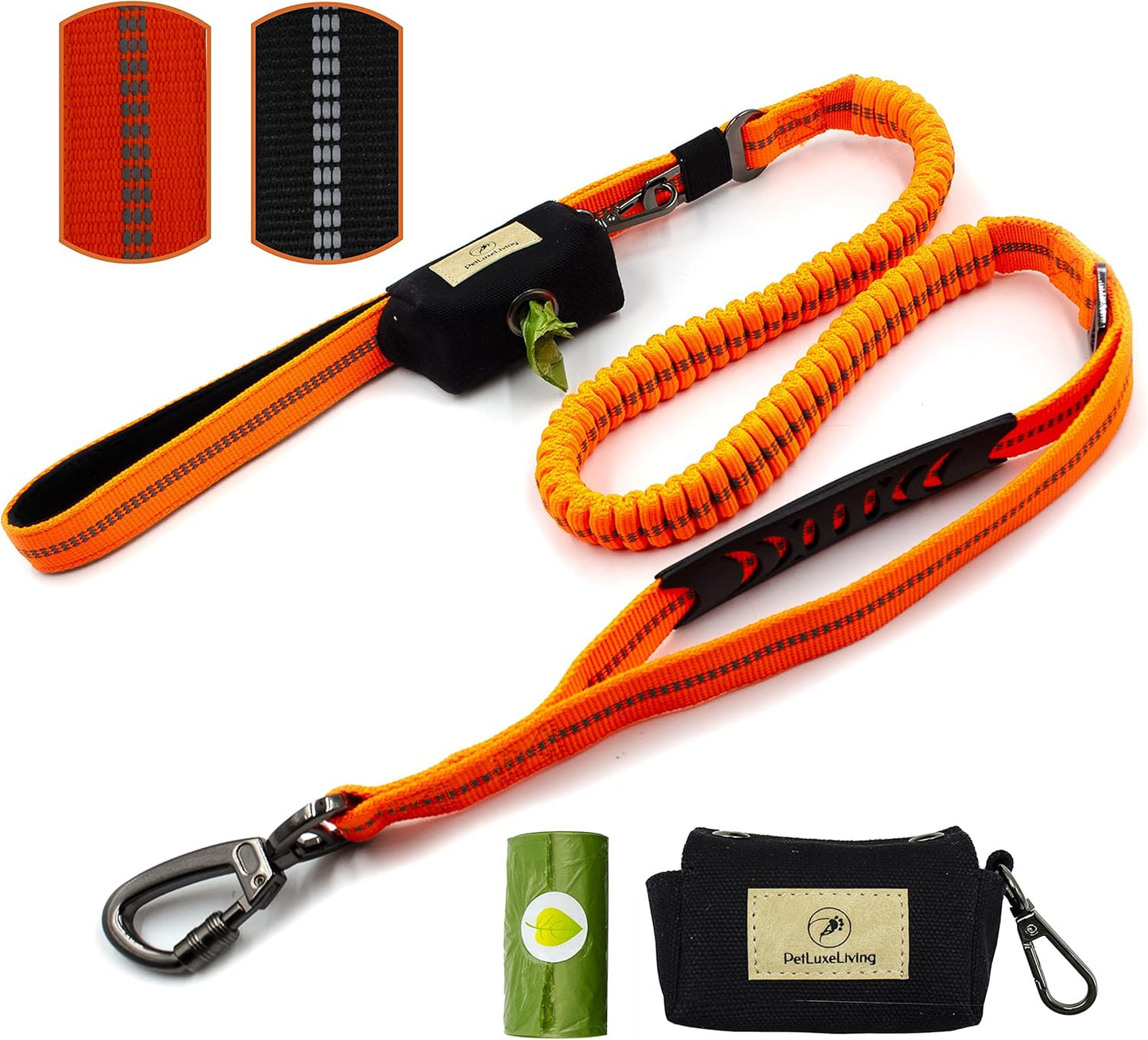 Zero Shock Bungee Training Heavy Duty Dog Leash for Large and Medium Dogs. Doubles as a Car Seat Belt with a Bonus of a Stylish Poop Waste Holder (Orange)