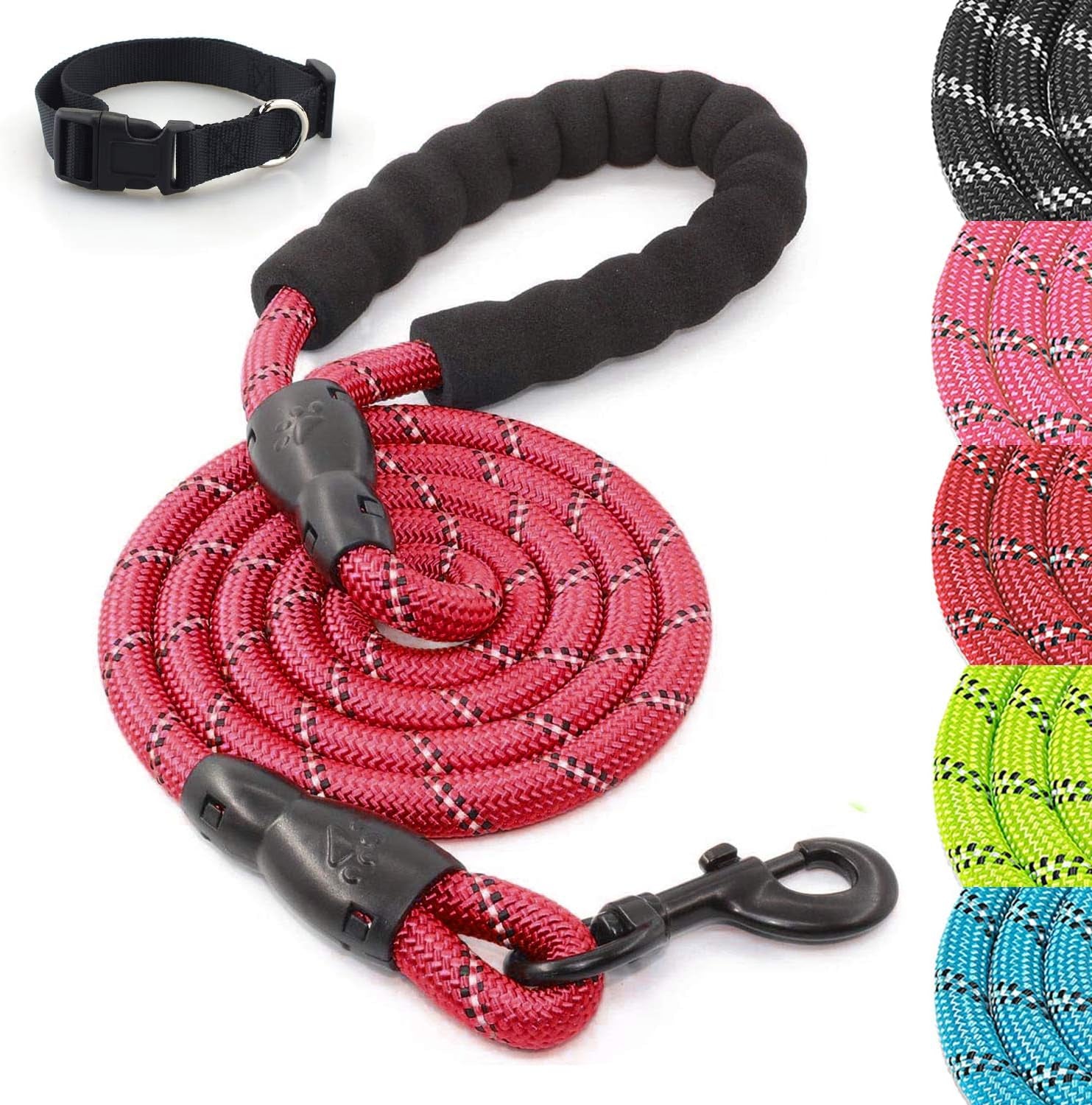 5/6FT Dog Leash and Collar Set with Comfortable Padded Handle- Heavy Duty Highly Reflective Threads Rope Pet Leash for Dogs up to 110Lbs- 5Ft, Red