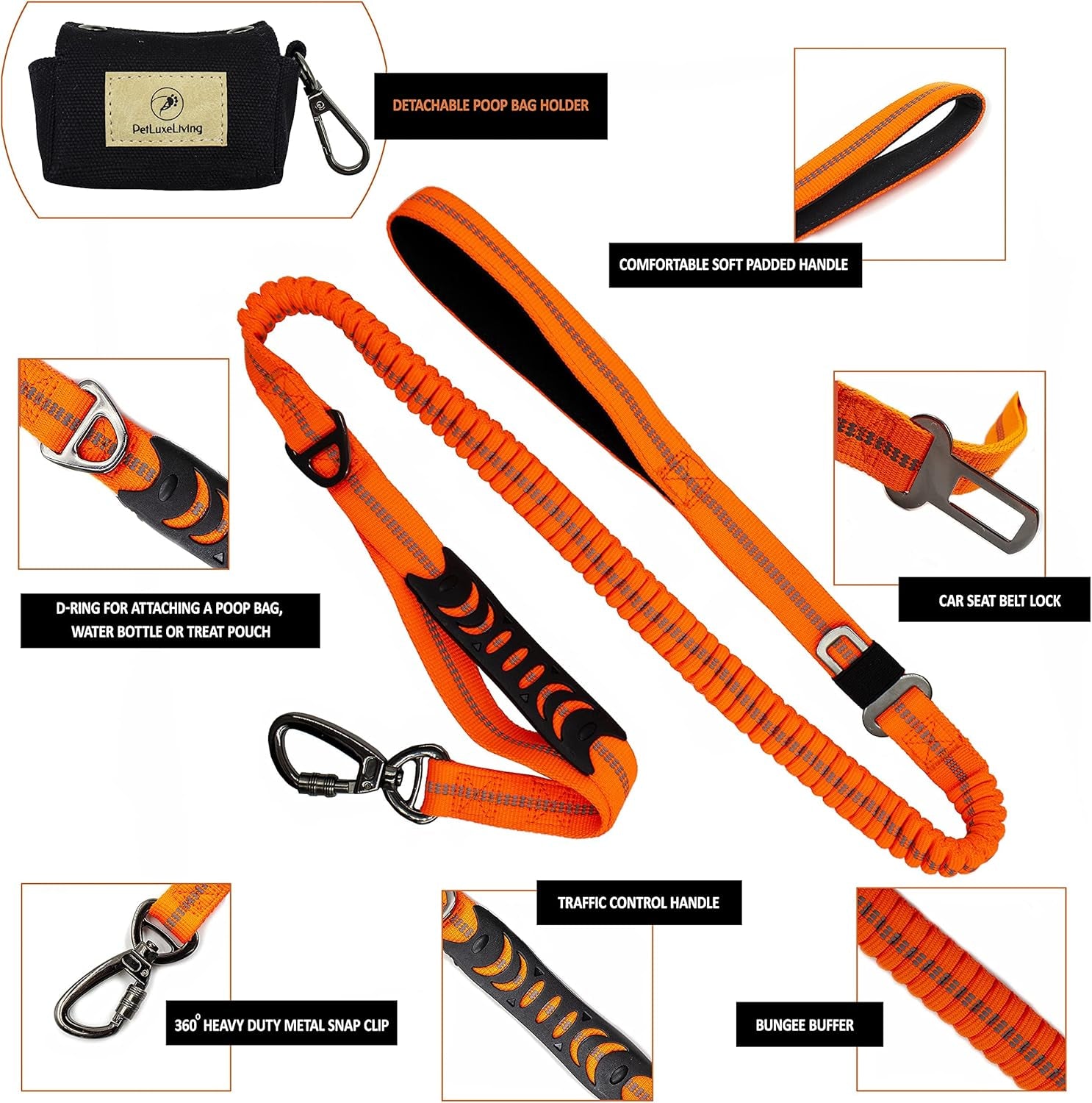 Zero Shock Bungee Training Heavy Duty Dog Leash for Large and Medium Dogs. Doubles as a Car Seat Belt with a Bonus of a Stylish Poop Waste Holder (Orange)